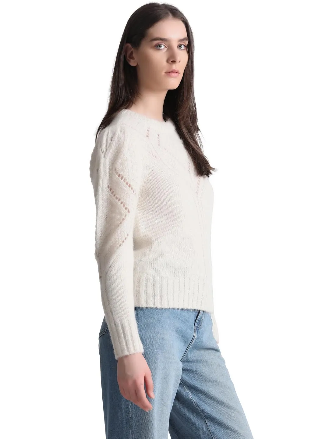 Only Women's Polyester Blend Round Neck Beige Pullover_Small