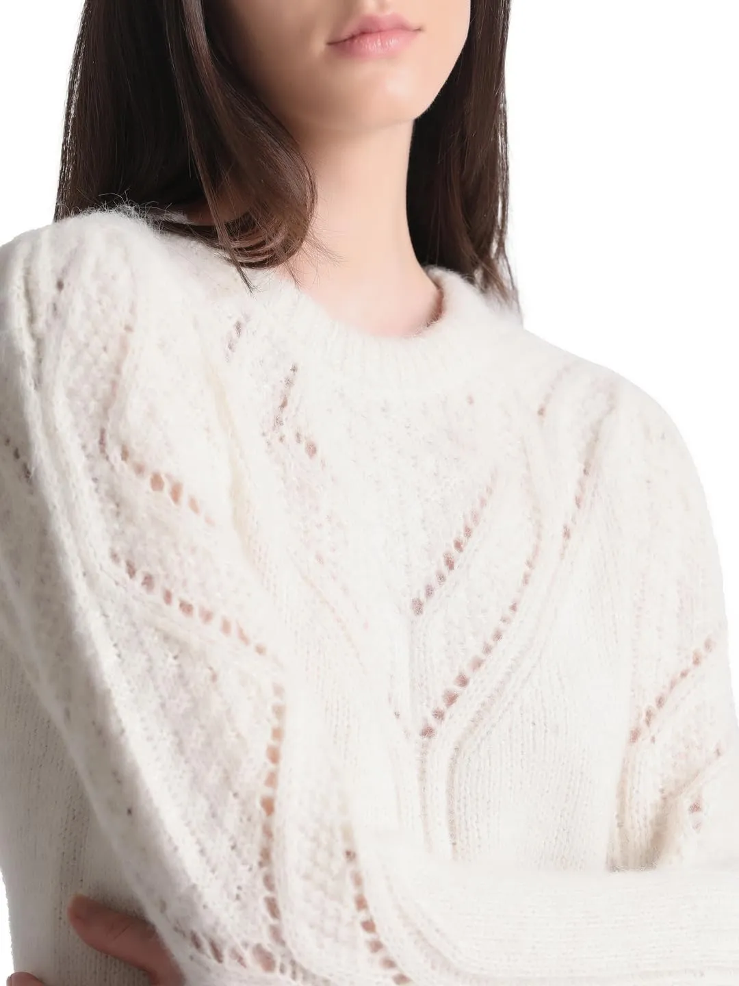 Only Women's Polyester Blend Round Neck Beige Pullover_Small