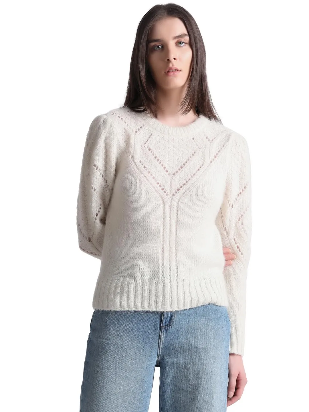 Only Women's Polyester Blend Round Neck Beige Pullover_Small