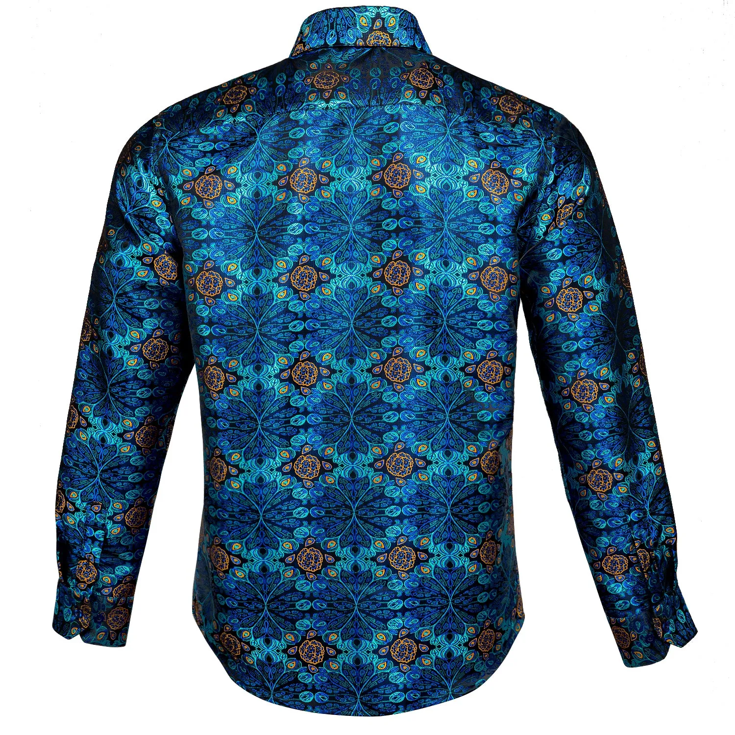 Peacock Blue Floral Silk Men's Long Sleeve Shirt