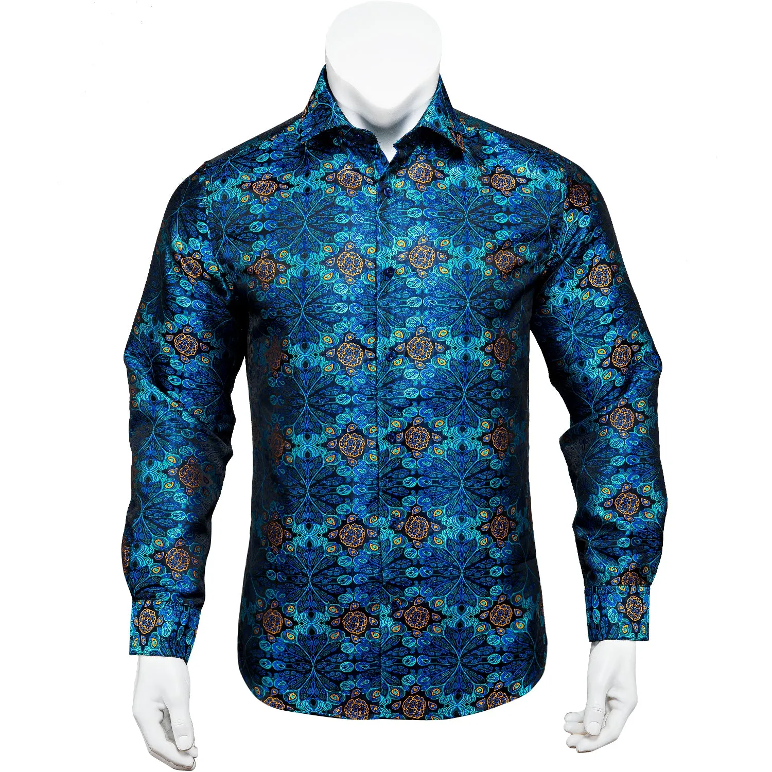 Peacock Blue Floral Silk Men's Long Sleeve Shirt