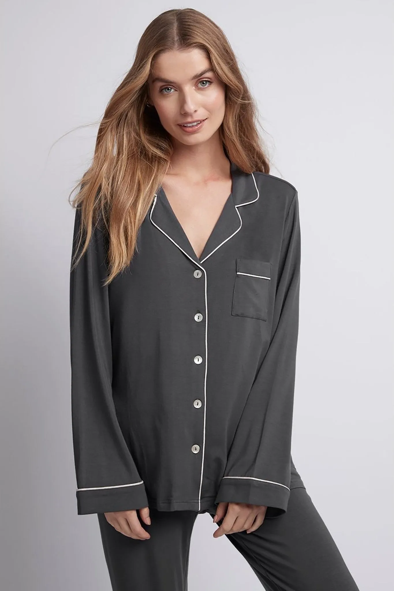 Petra Tencel™ Lounge Pyjama Set - Charcoal with Blush Piping