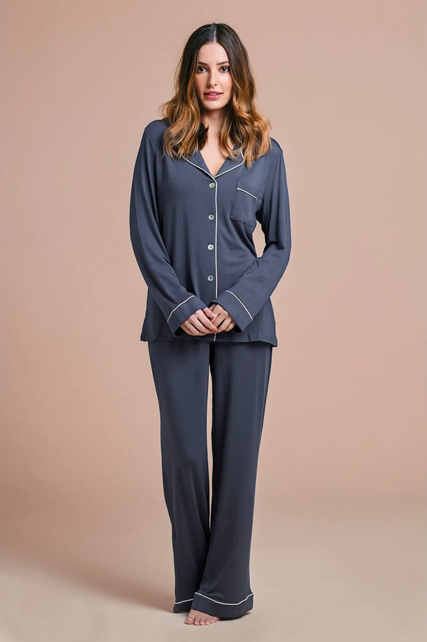 Petra Tencel™ Lounge Pyjama Set - Charcoal with Blush Piping