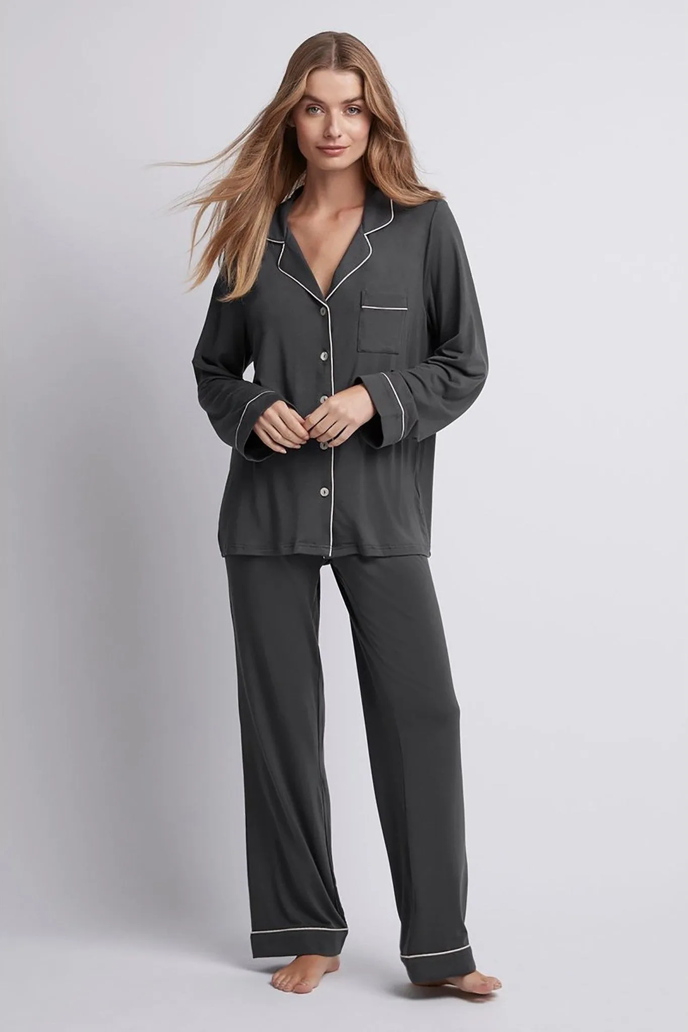 Petra Tencel™ Lounge Pyjama Set - Charcoal with Blush Piping