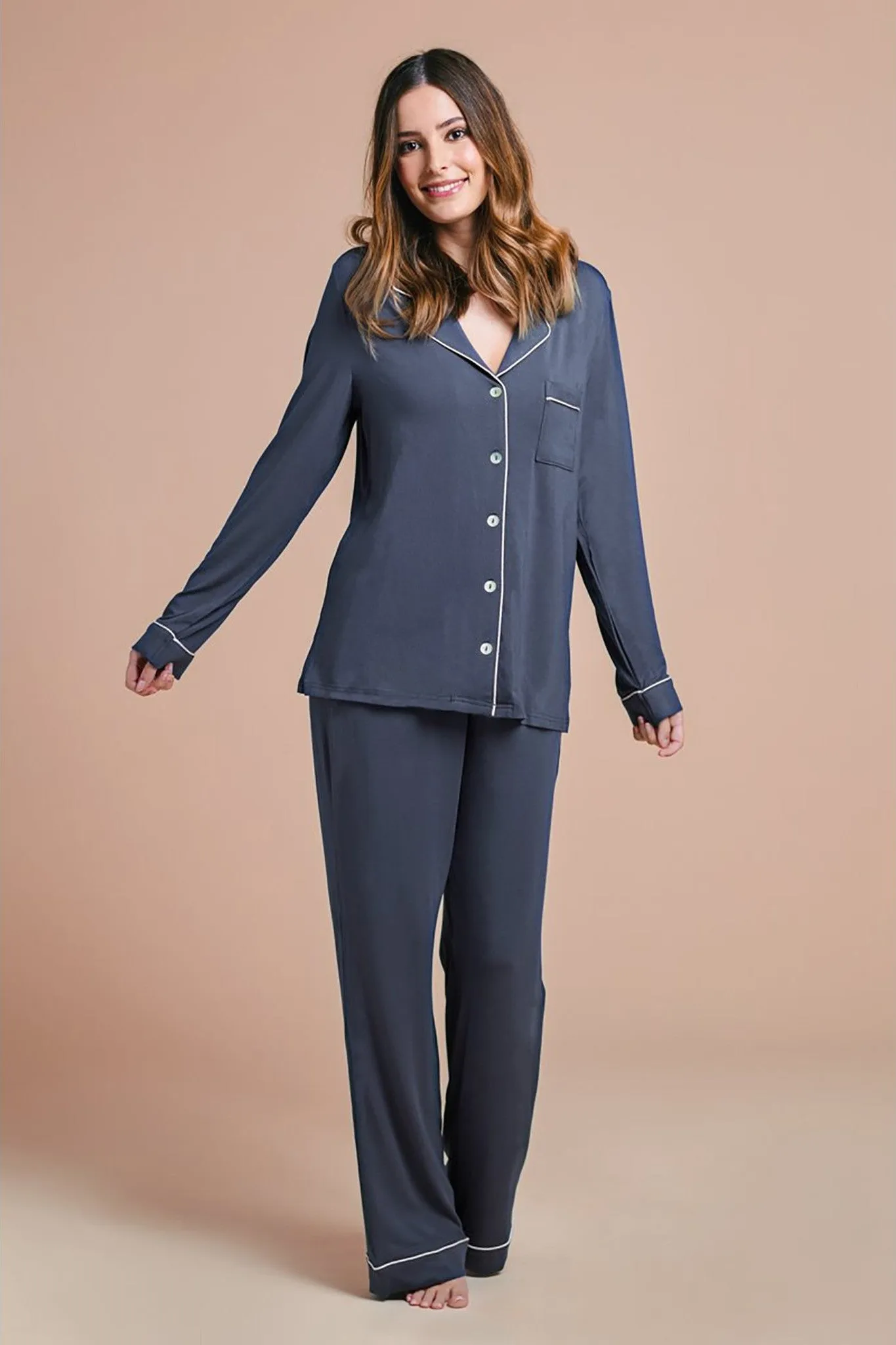 Petra Tencel™ Lounge Pyjama Set - Charcoal with Blush Piping