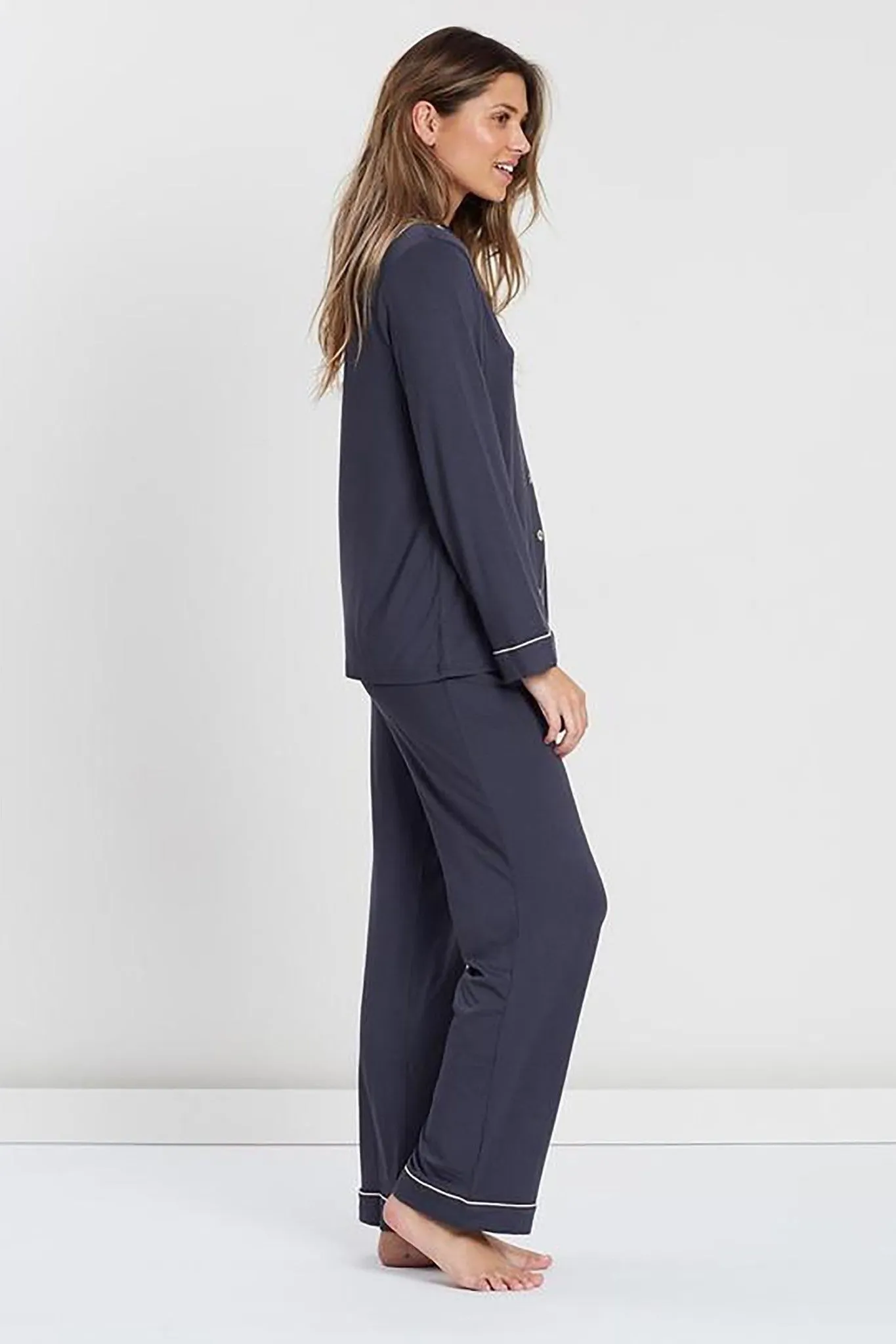 Petra Tencel™ Lounge Pyjama Set - Charcoal with Blush Piping