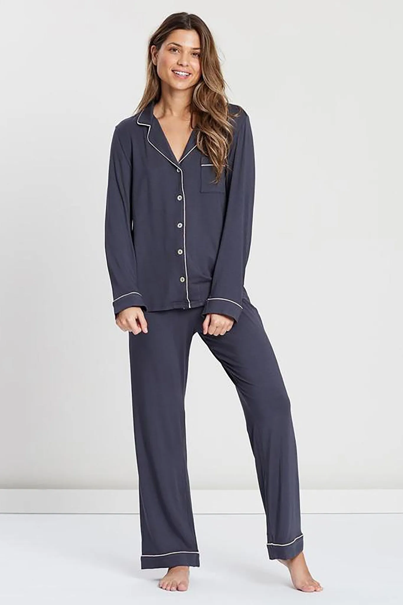 Petra Tencel™ Lounge Pyjama Set - Charcoal with Blush Piping