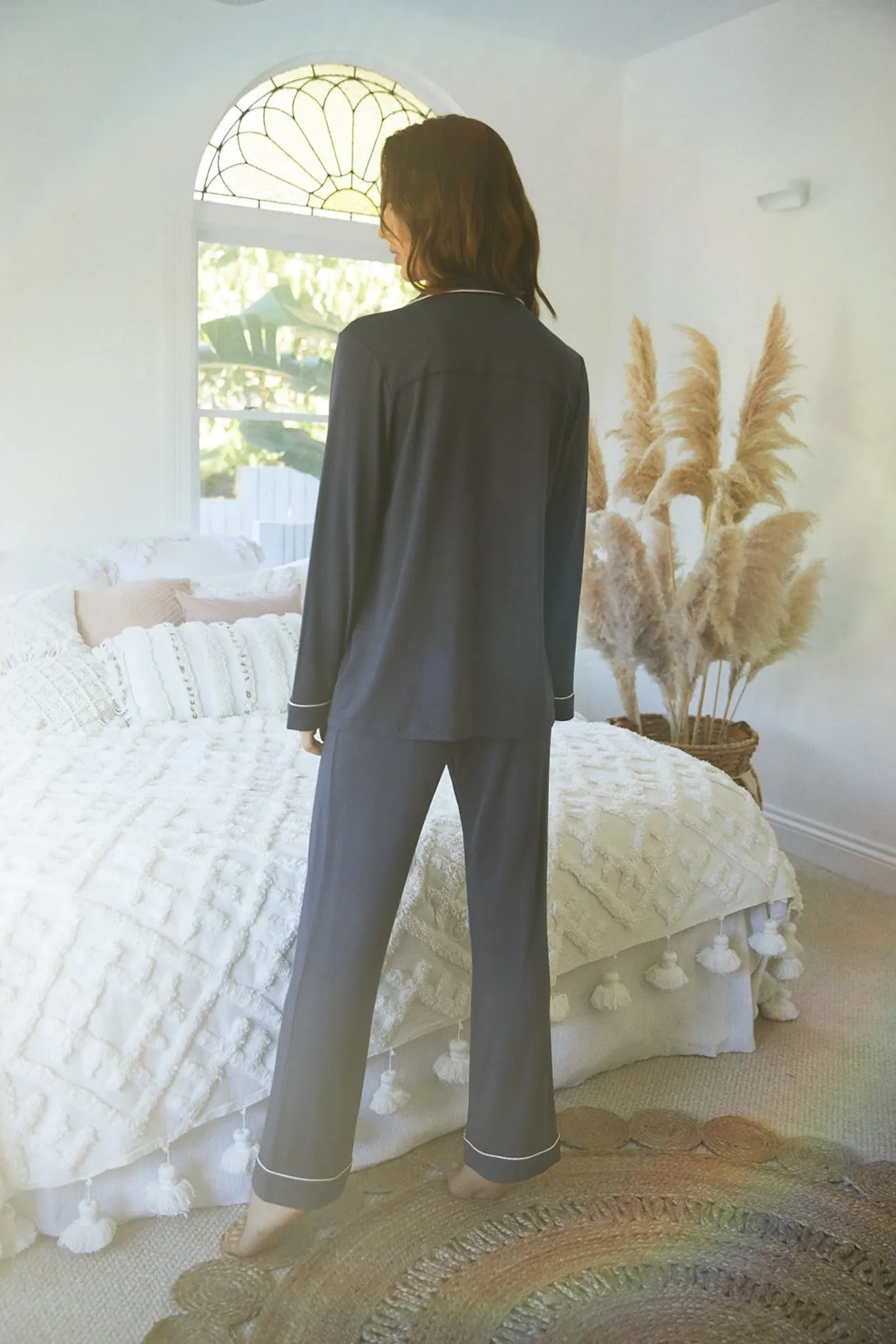 Petra Tencel™ Lounge Pyjama Set - Charcoal with Blush Piping