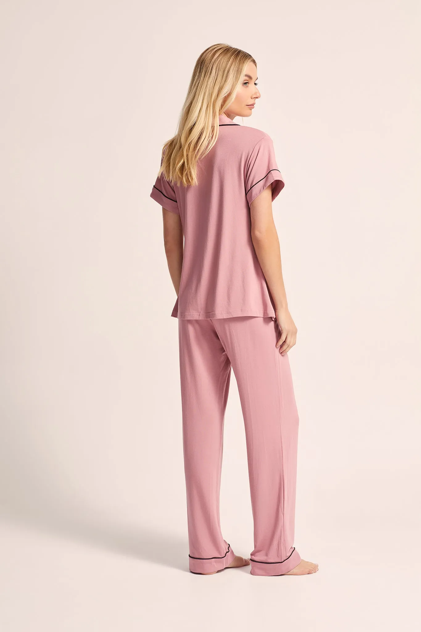 Petra Tencel™ Short Sleeve with Long Pant Pyjama Set - Dusty Rose with Black Piping