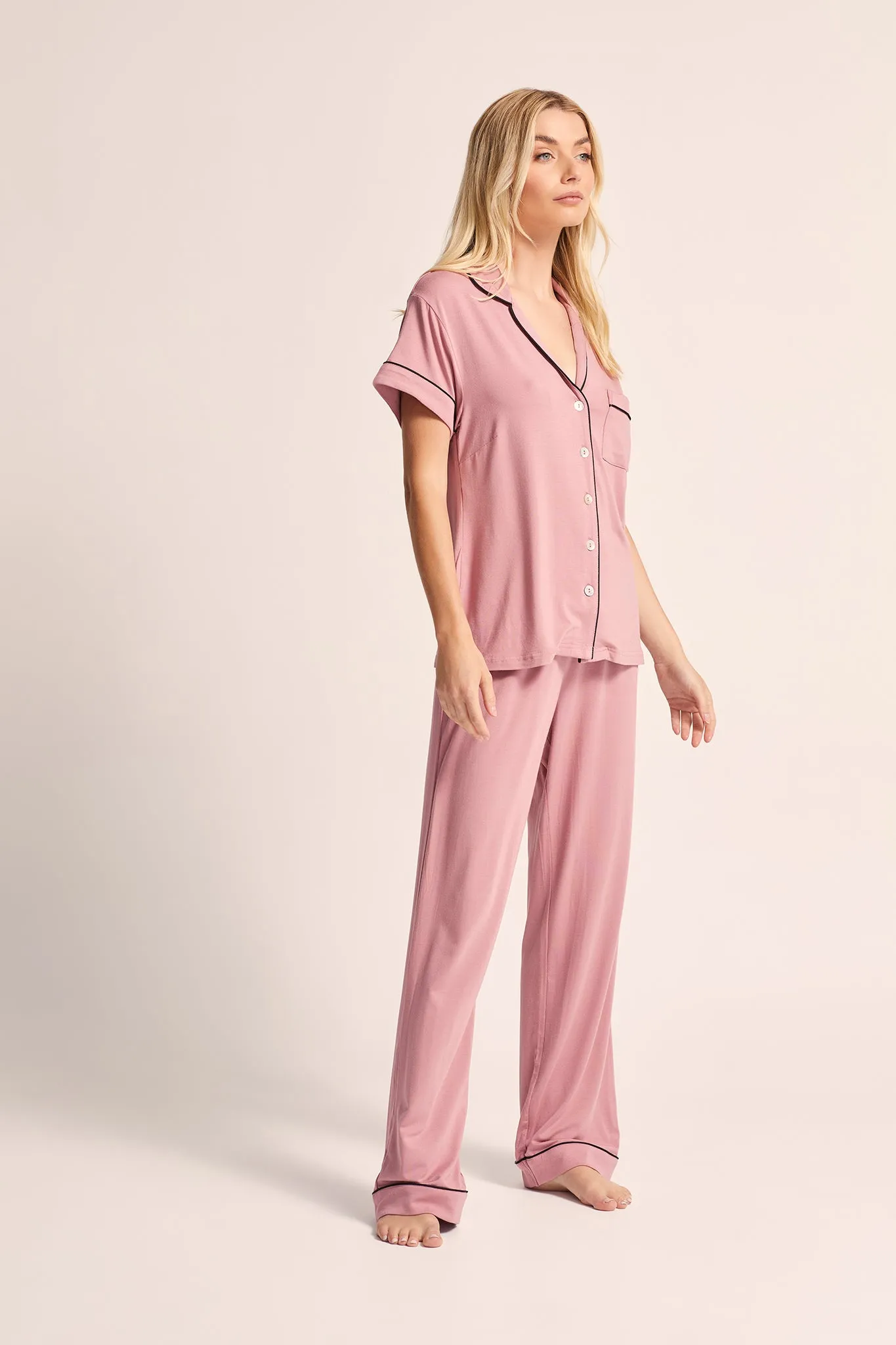 Petra Tencel™ Short Sleeve with Long Pant Pyjama Set - Dusty Rose with Black Piping