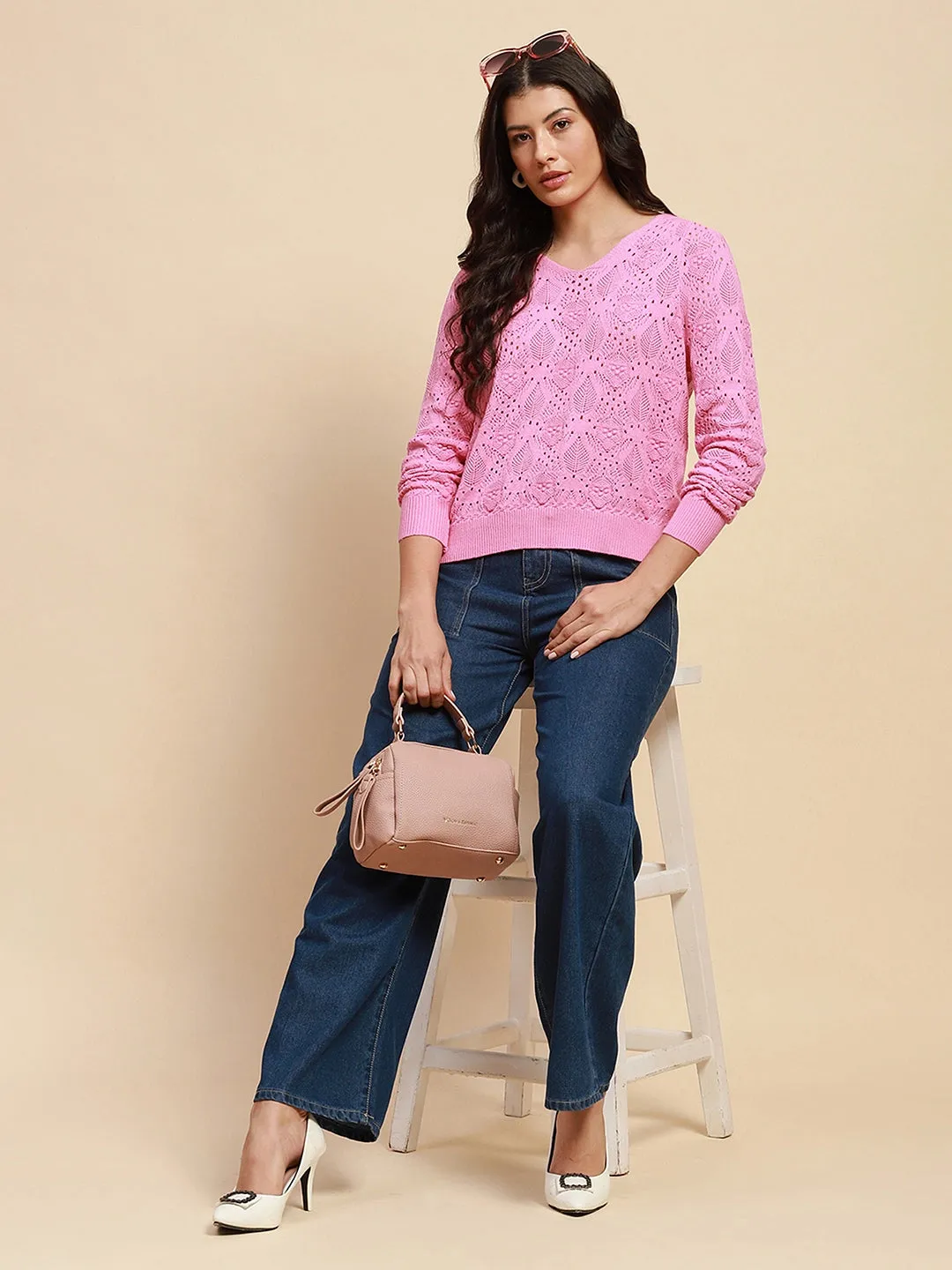 Pink Viscose Blend Relaxed Fit Pullover For Women