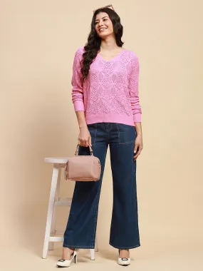 Pink Viscose Blend Relaxed Fit Pullover For Women