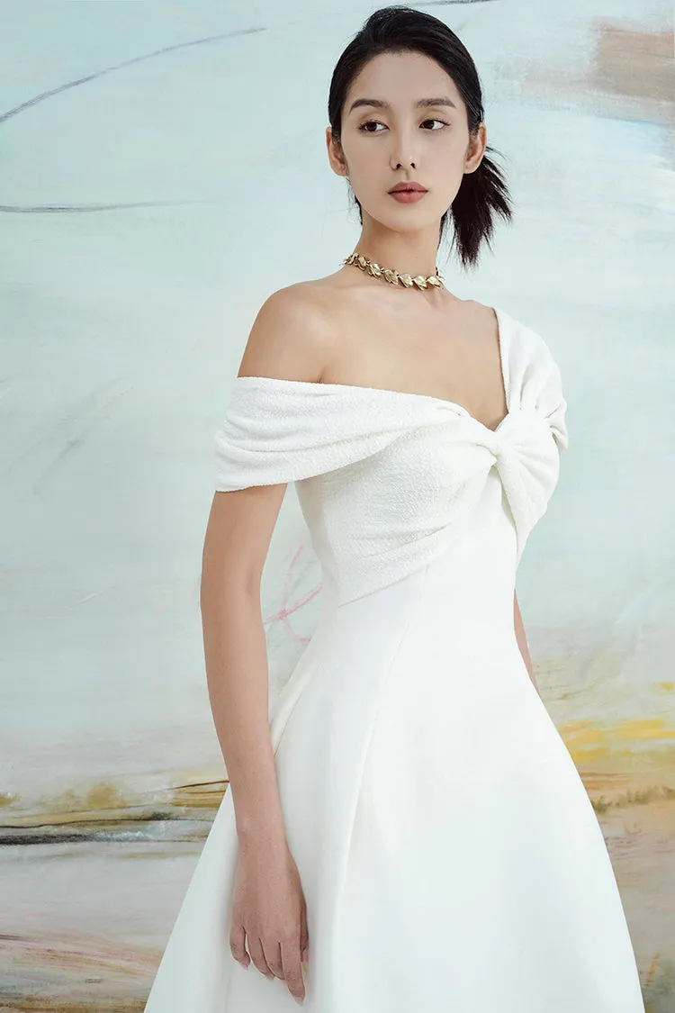 Pleated sleeve off shoulder white midi bridal dress - Calli