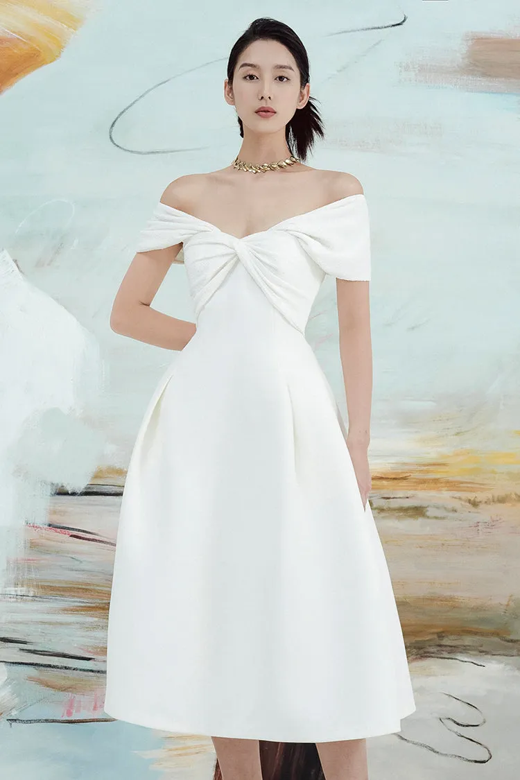 Pleated sleeve off shoulder white midi bridal dress - Calli