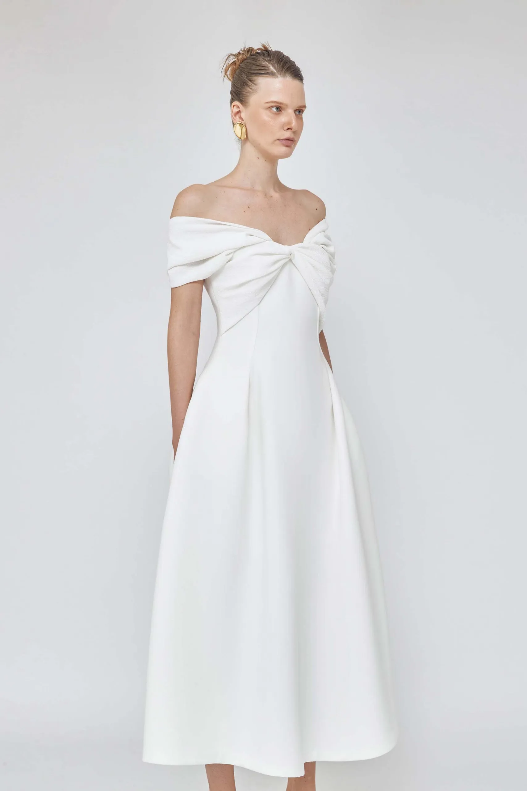 Pleated sleeve off shoulder white midi bridal dress - Calli