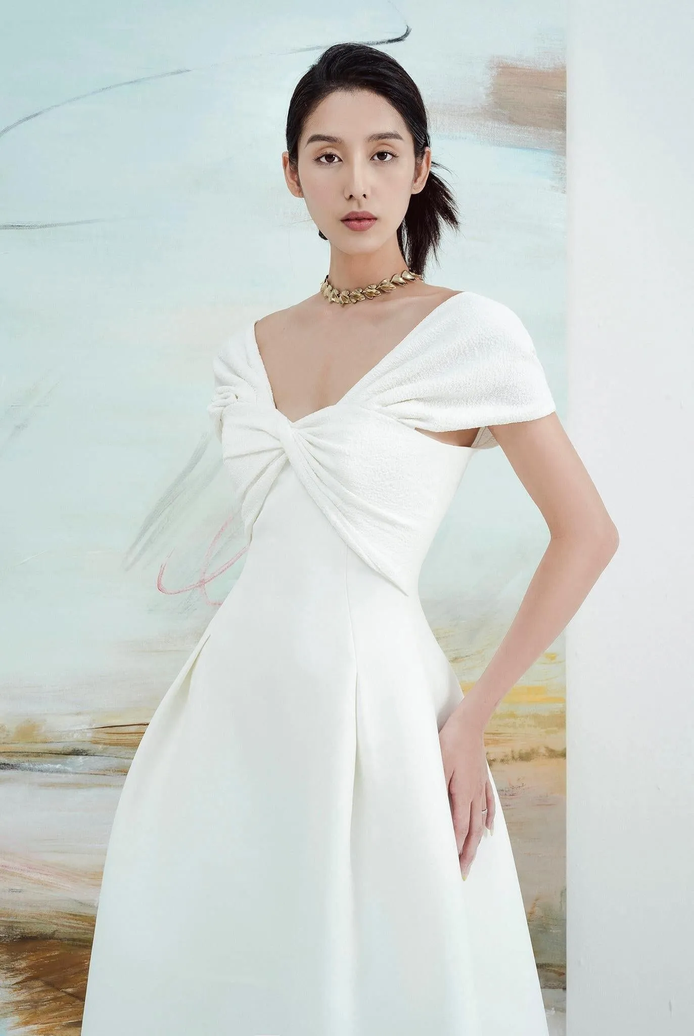 Pleated sleeve off shoulder white midi bridal dress - Calli