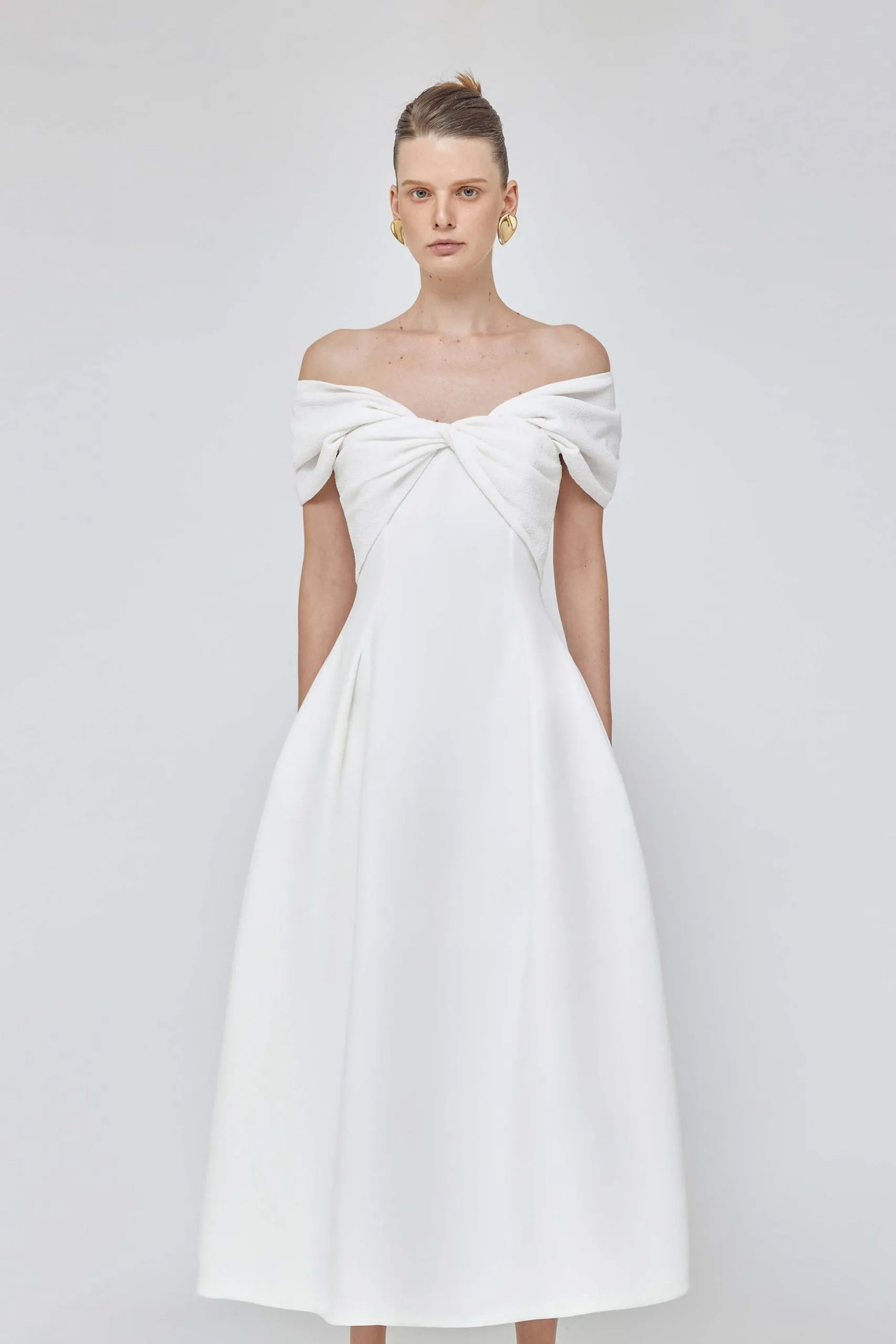 Pleated sleeve off shoulder white midi bridal dress - Calli