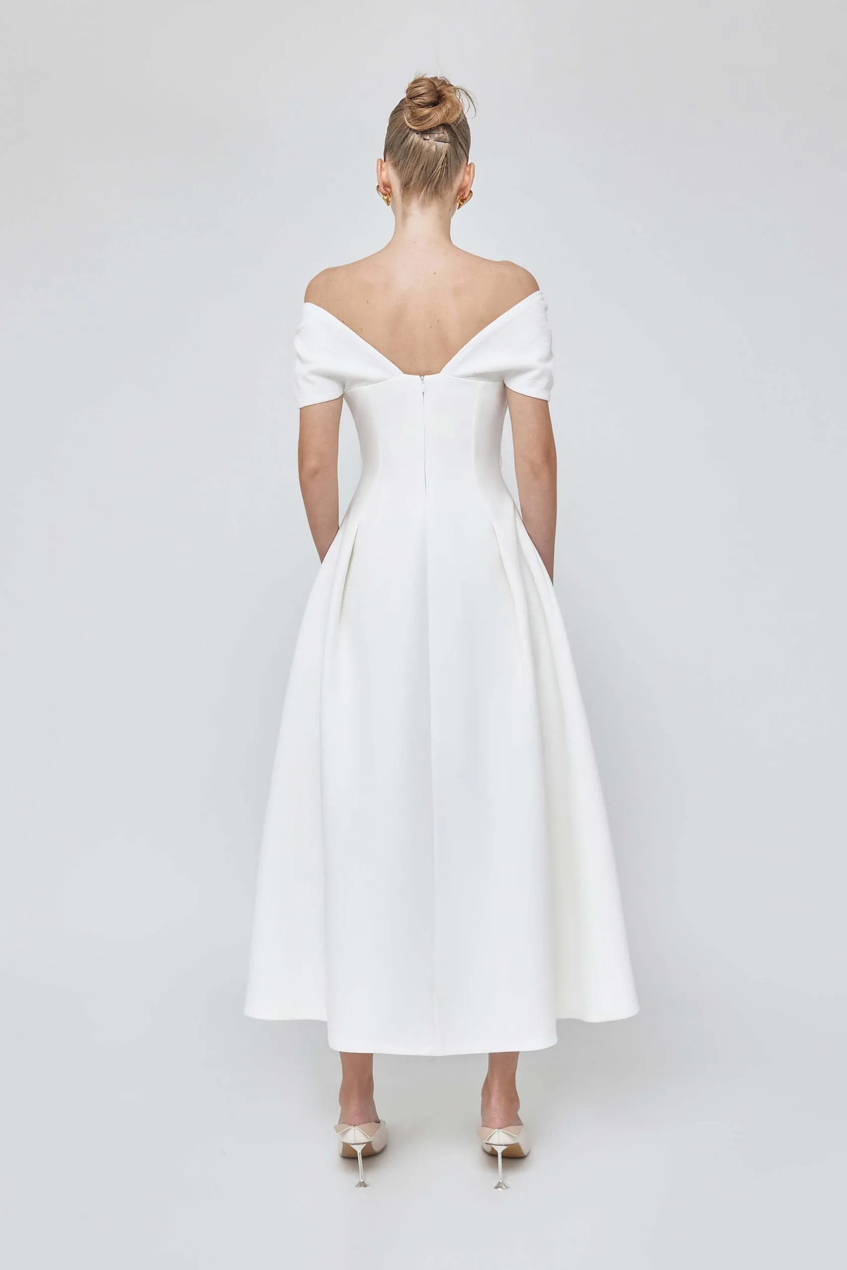 Pleated sleeve off shoulder white midi bridal dress - Calli