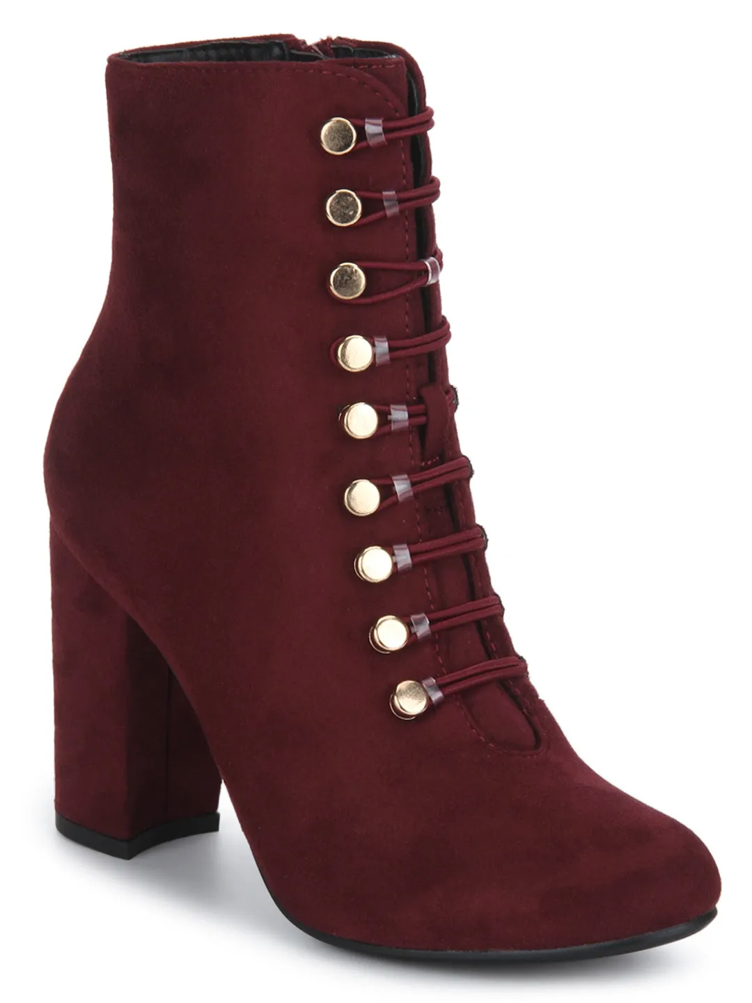 Plum Micro Lace-Up Block Heels Ankle Boots