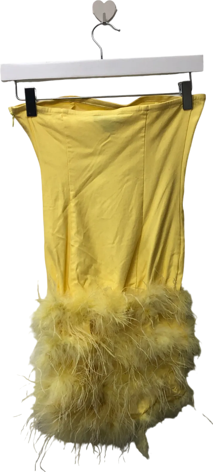 PrettyLittleThing Yellow Faux Feather Detail Bandeau Bodycon Dress UK 4