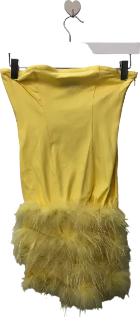 PrettyLittleThing Yellow Faux Feather Detail Bandeau Bodycon Dress UK 4