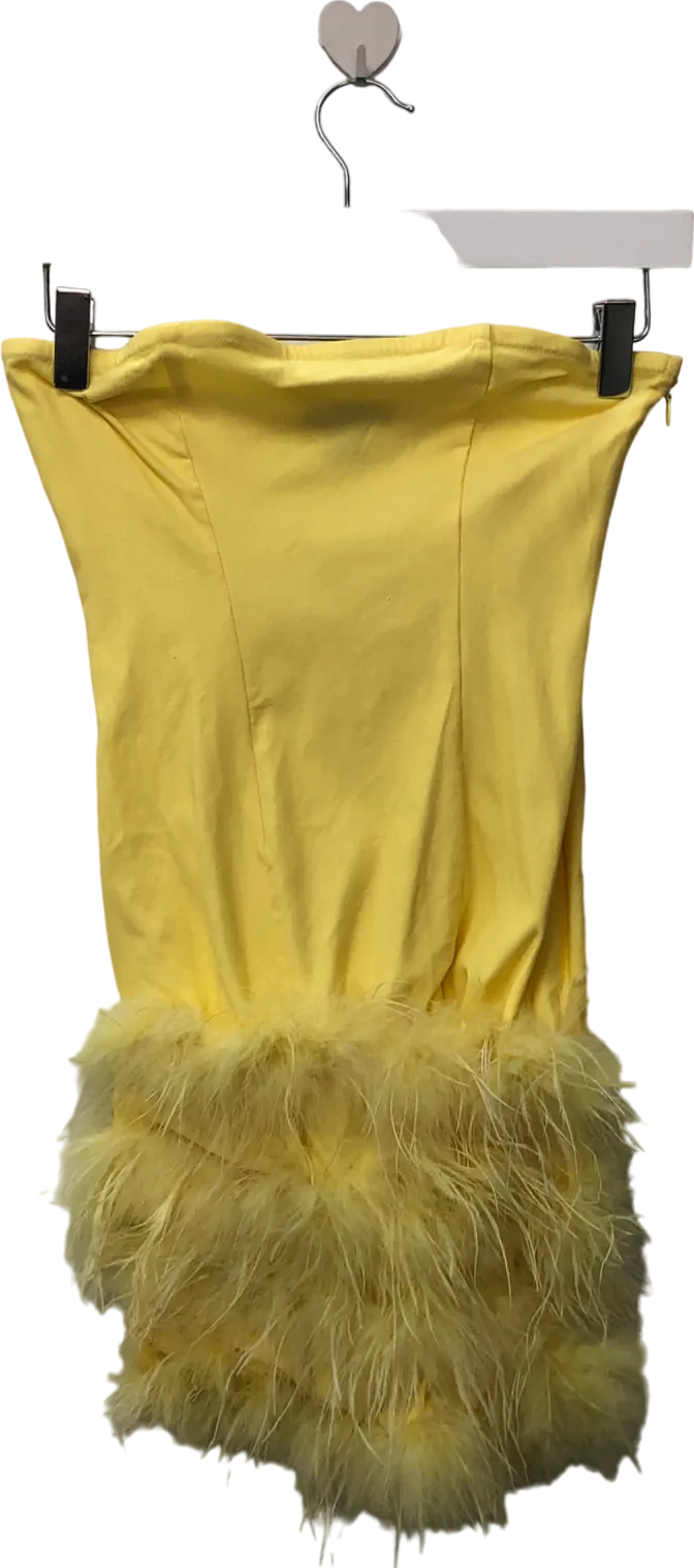 PrettyLittleThing Yellow Faux Feather Detail Bandeau Bodycon Dress UK 4