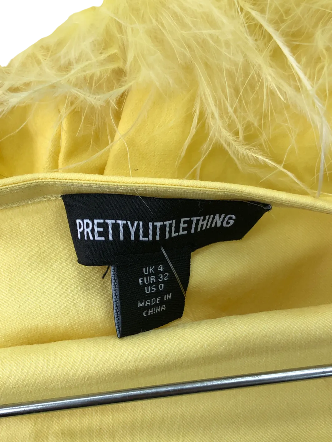 PrettyLittleThing Yellow Faux Feather Detail Bandeau Bodycon Dress UK 4