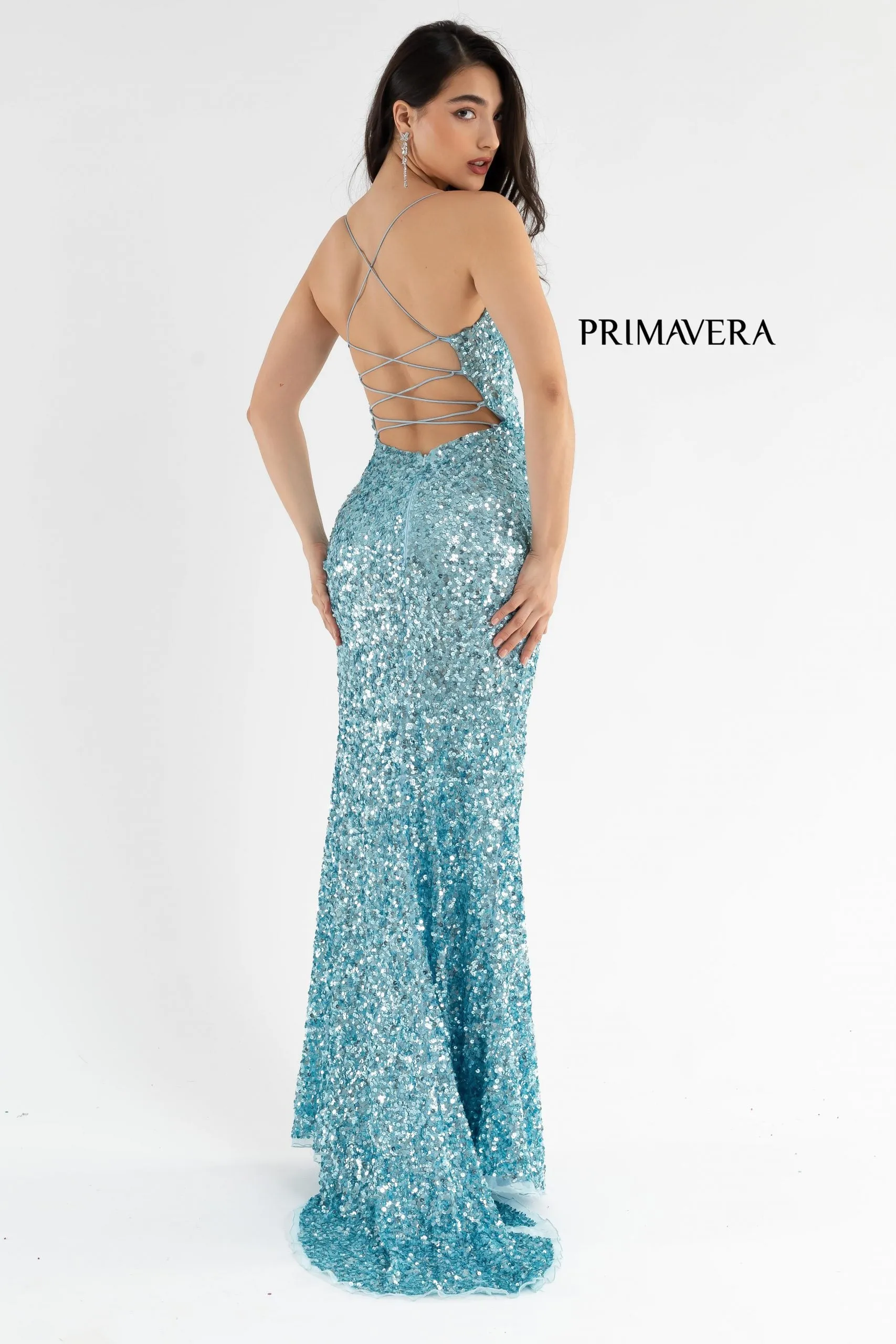 Primavera Couture 3791 Size 6 Mint Prom Dress V Neckline Sequins Lace Up Tie Back Side Slit