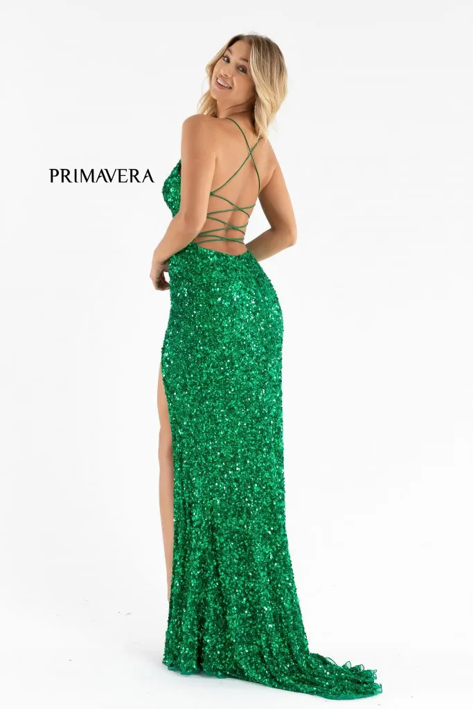 Primavera Couture 3791 Size 6 Mint Prom Dress V Neckline Sequins Lace Up Tie Back Side Slit