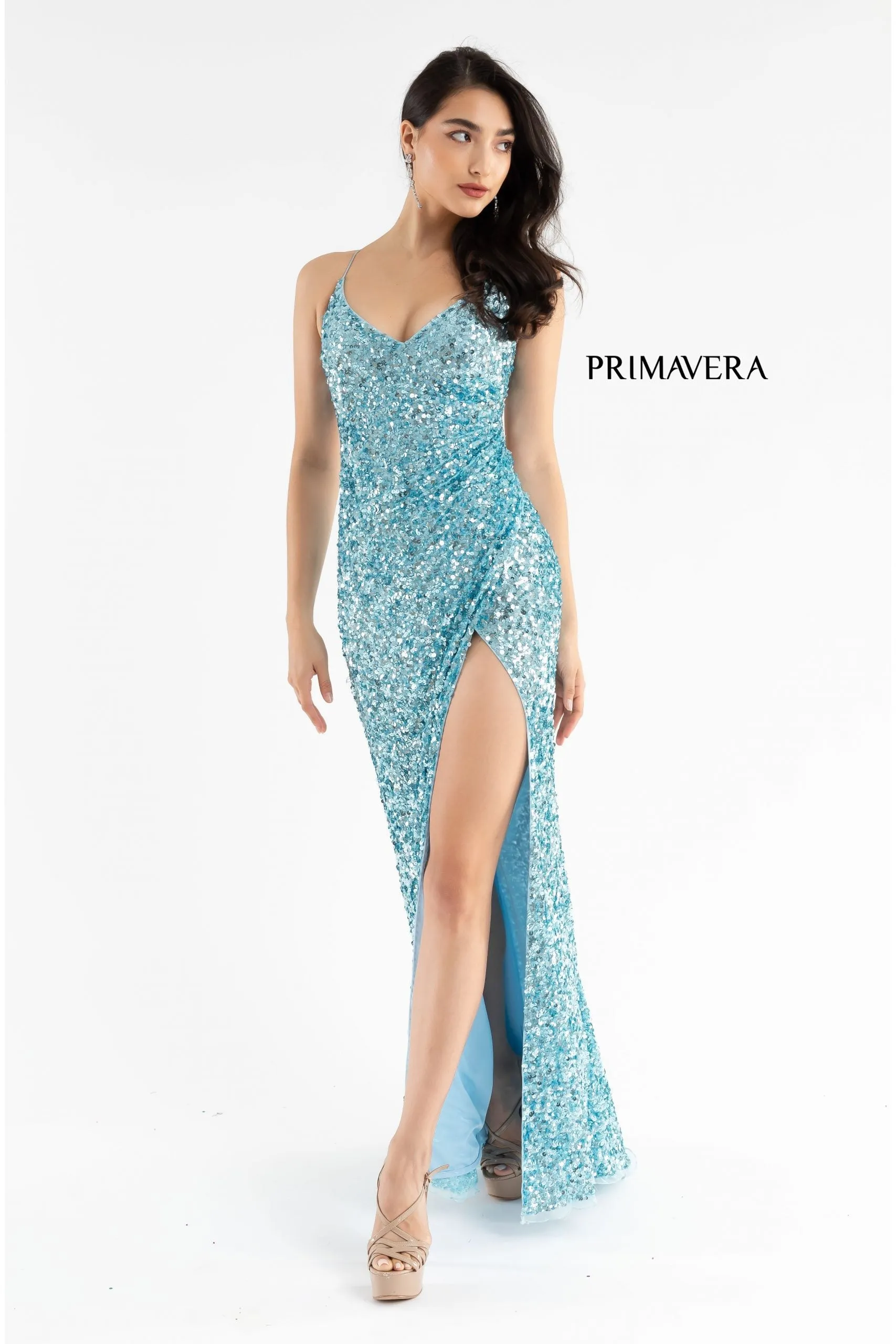 Primavera Couture 3791 Size 6 Mint Prom Dress V Neckline Sequins Lace Up Tie Back Side Slit