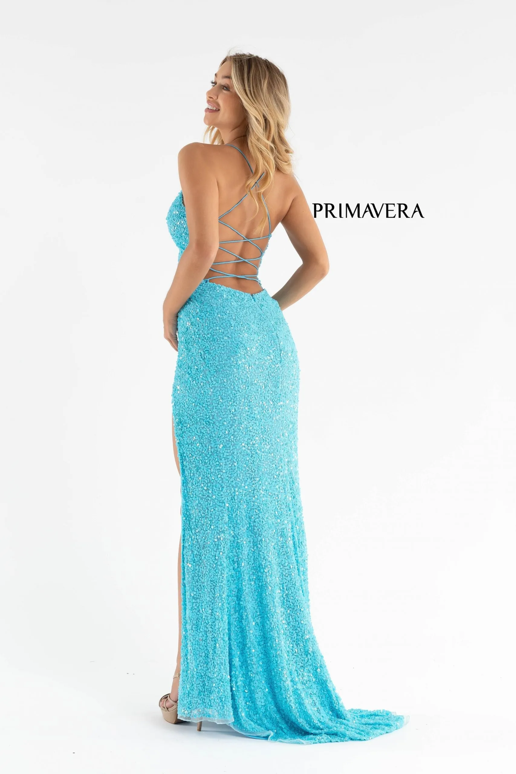 Primavera Couture 3791 Size 6 Mint Prom Dress V Neckline Sequins Lace Up Tie Back Side Slit