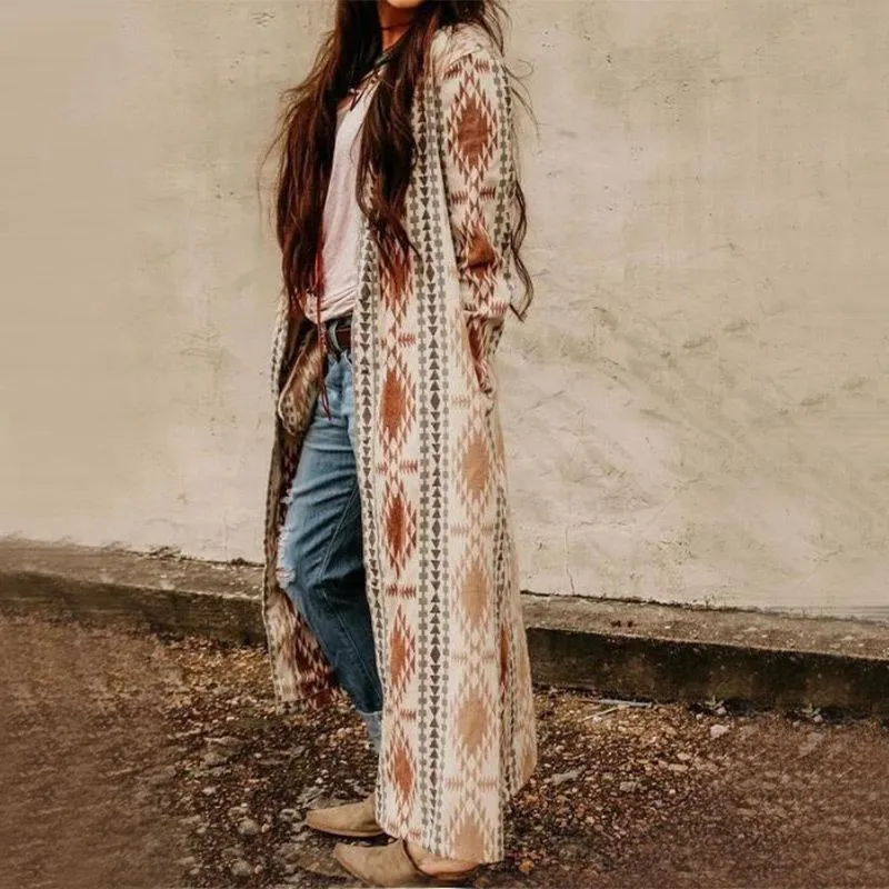 Printed long sleeve long knit jacket