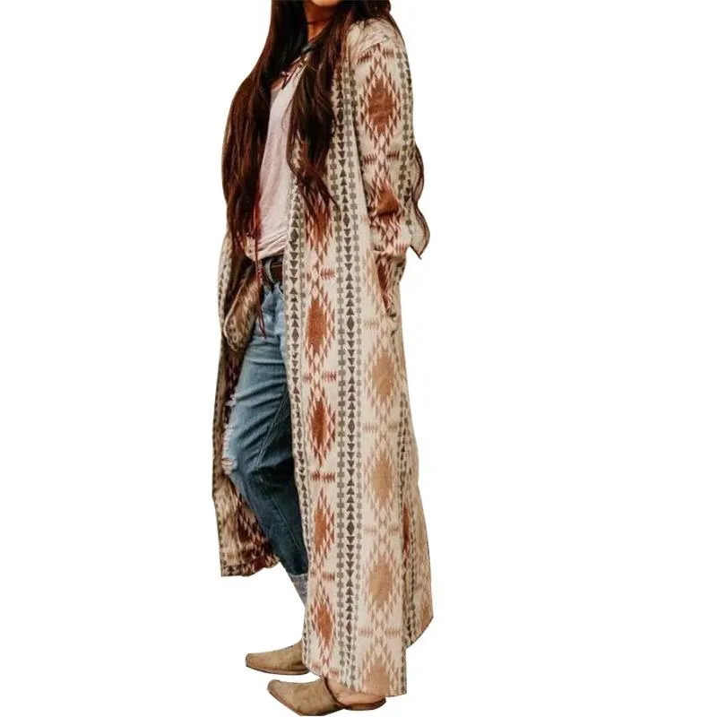 Printed long sleeve long knit jacket