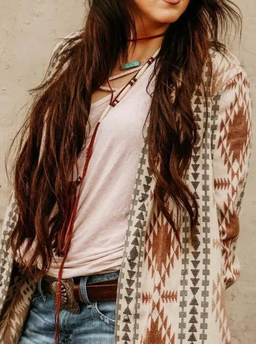 Printed long sleeve long knit jacket