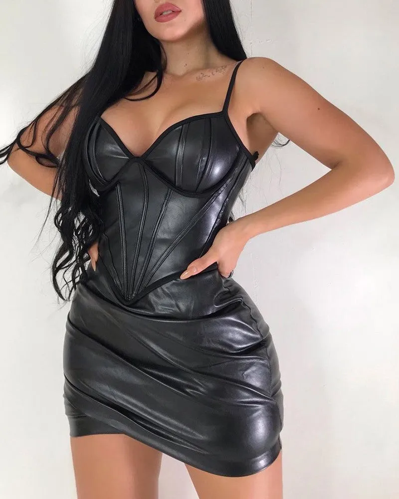 PU Leather Spaghetti Strap Ruched Bodycon Dress