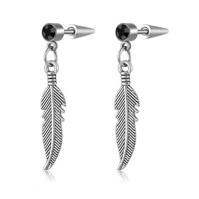 Punk Vintage Design Leaf Hoop Earrings For Women Men Jewelry Accessories Black Stainless Feather Earring Brincos