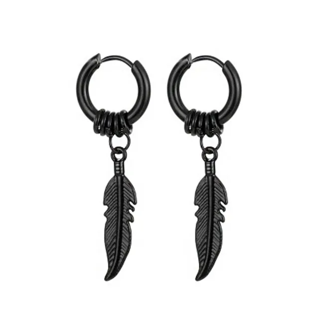 Punk Vintage Design Leaf Hoop Earrings For Women Men Jewelry Accessories Black Stainless Feather Earring Brincos