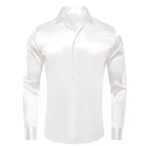 Pure White Solid Silk Men's Long Sleeve Shirt