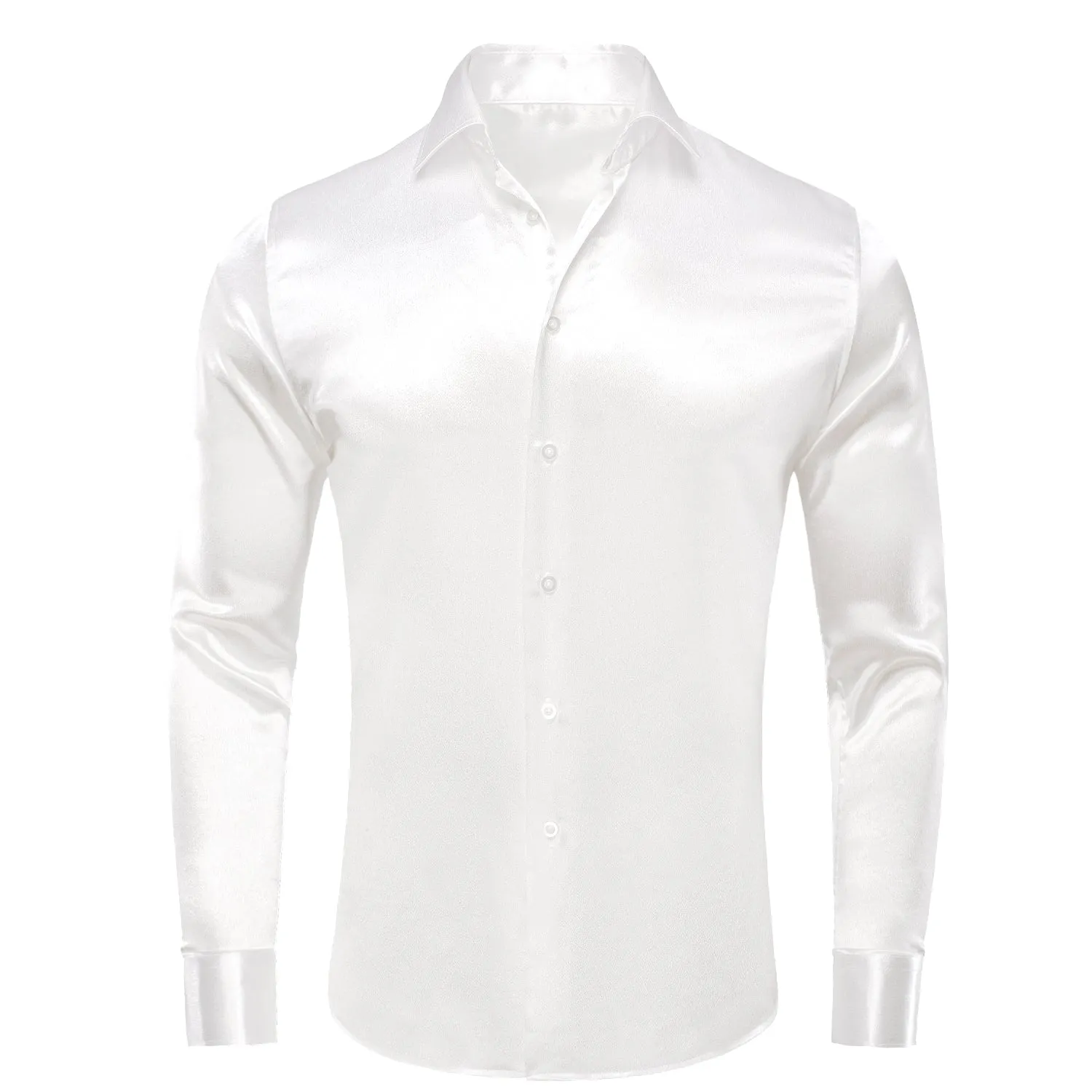 Pure White Solid Silk Men's Long Sleeve Shirt