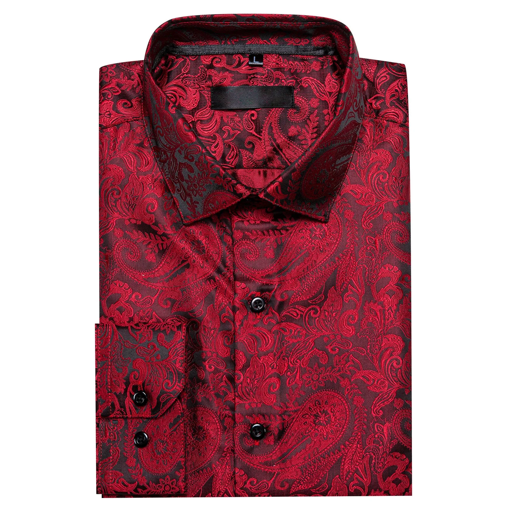 Red Black Paisley Silk Men Long Sleeve Shirt