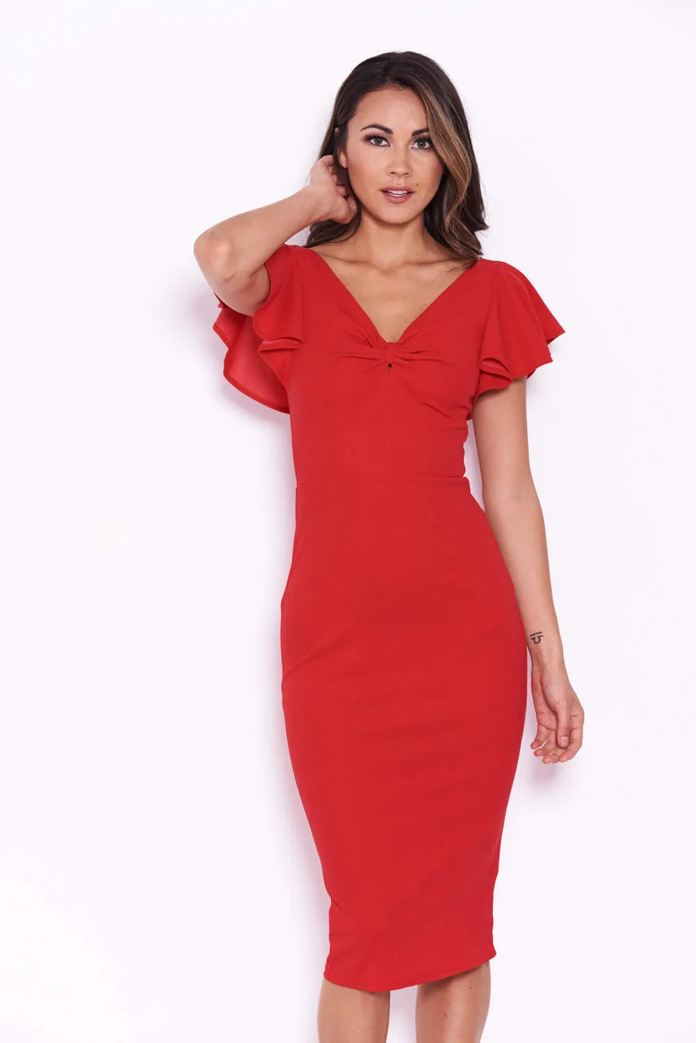 Red Bow Front Midi Dress