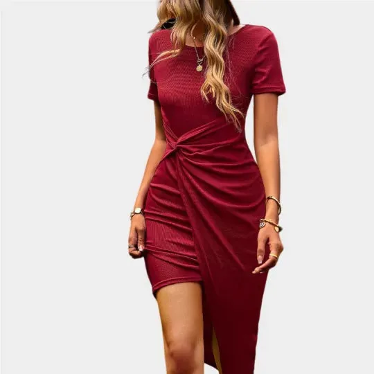 Red Wrap Dress Short Sleeve Crew Neck Midi Dress