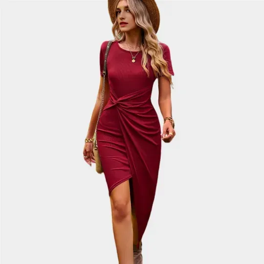 Red Wrap Dress Short Sleeve Crew Neck Midi Dress