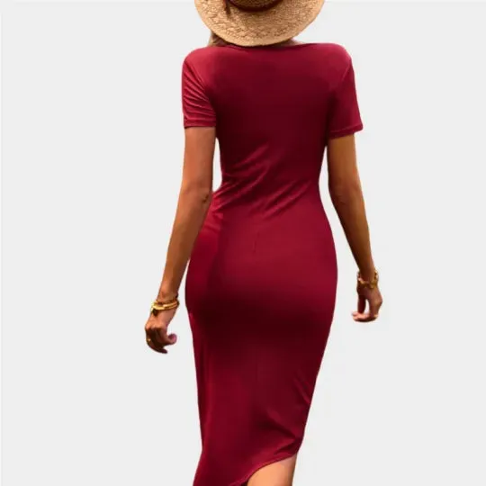 Red Wrap Dress Short Sleeve Crew Neck Midi Dress