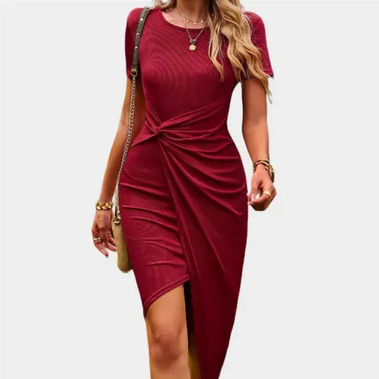 Red Wrap Dress Short Sleeve Crew Neck Midi Dress