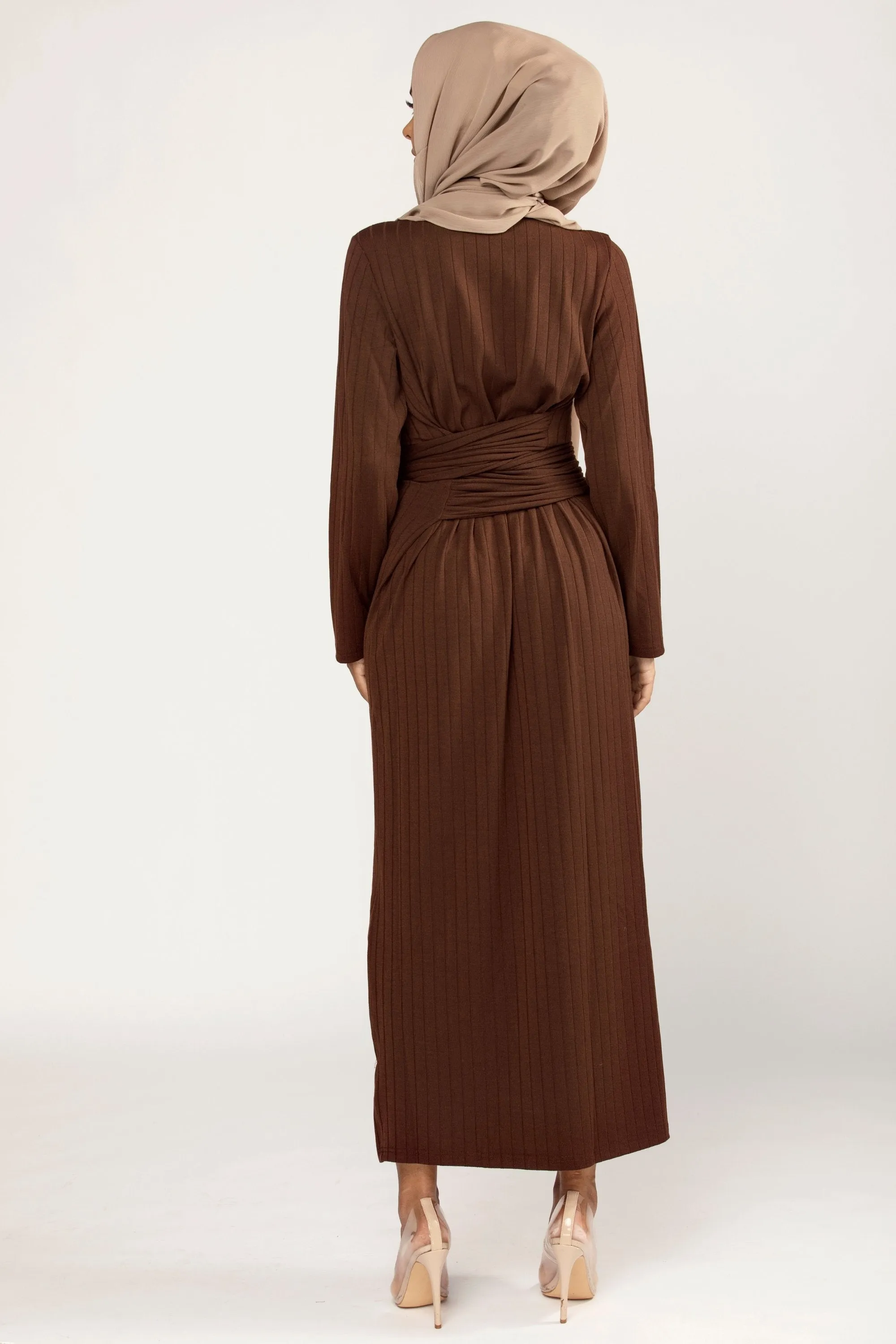 Ribbed Tie Waist Maxi Dress - Chocolate Brown