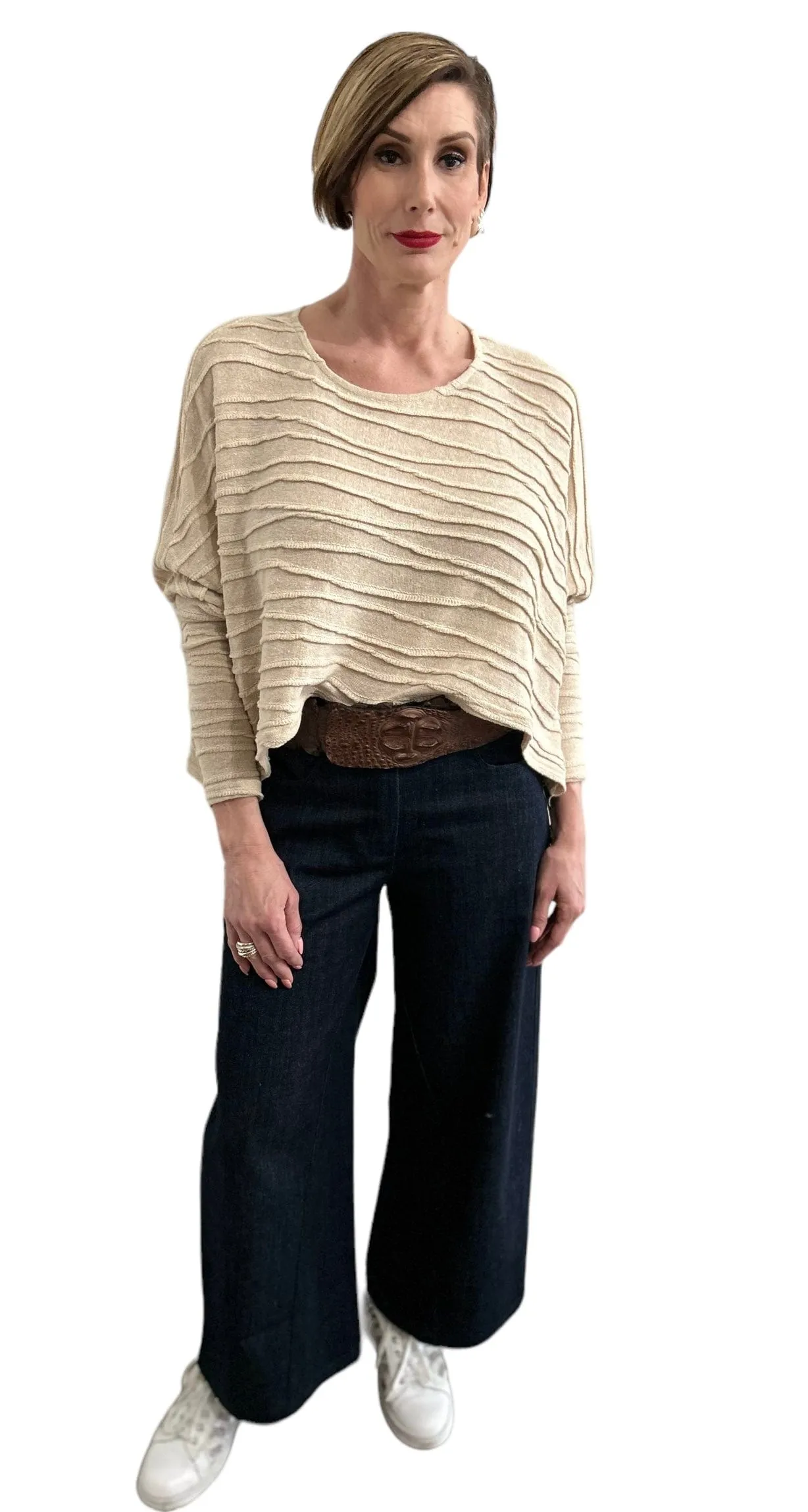 Round Neck Sweater Flare Cut Cream