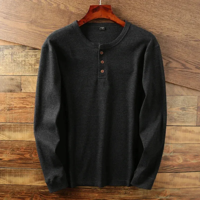 Rugherk - Heren Wafelgebreide Henley Shirt, Lange Mouwen, Casual Pasvorm, Zachte Stof