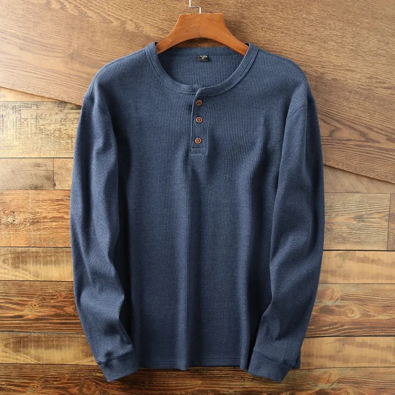 Rugherk - Heren Wafelgebreide Henley Shirt, Lange Mouwen, Casual Pasvorm, Zachte Stof