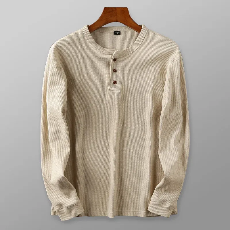 Rugherk - Heren Wafelgebreide Henley Shirt, Lange Mouwen, Casual Pasvorm, Zachte Stof